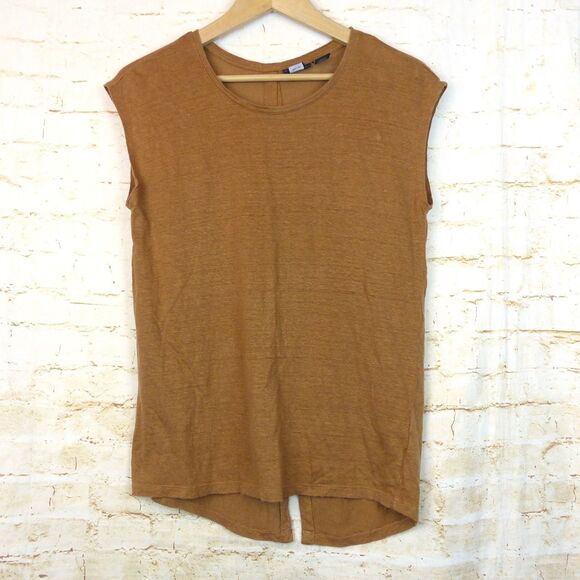 Tahari Top Women M Caramel Brown 100% Linen Tee Cap Sleeve Button Back Split Hem - Picture 2 of 9